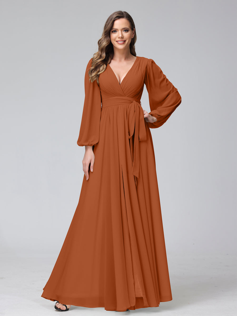 A-Line V-Neck Long Sleeves Chiffon Long Bridesmaid Dresses With Ruffles Split Side Burnt Orange
