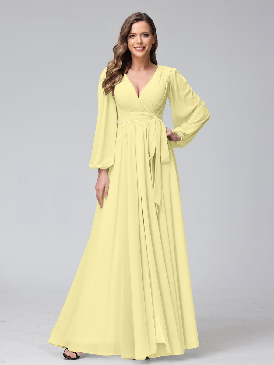 A-Line V-Neck Long Sleeves Chiffon Long Bridesmaid Dresses With Ruffles Split Side Canary