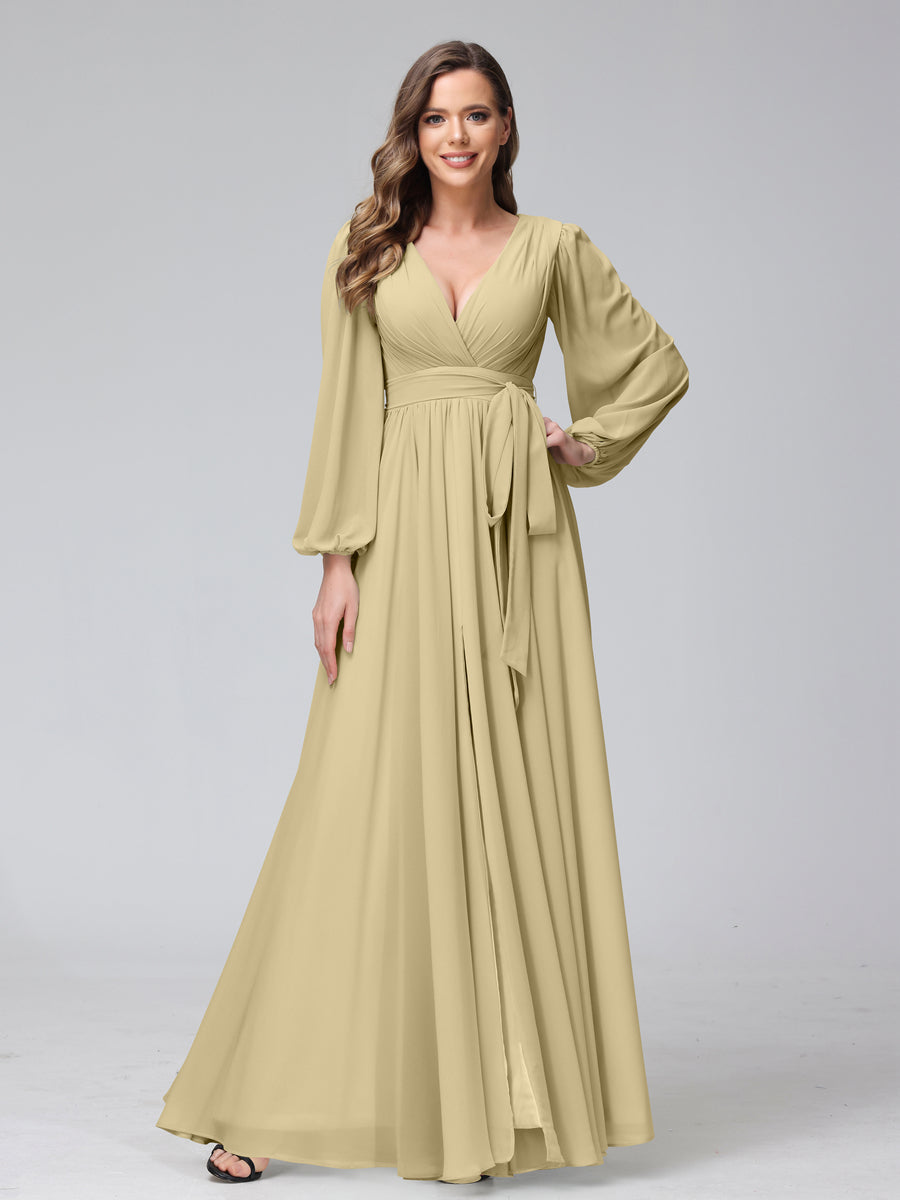 A-Line V-Neck Long Sleeves Chiffon Long Bridesmaid Dresses With Ruffles Split Side Champagne