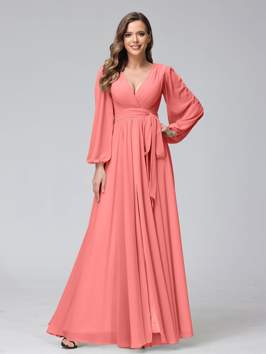 A-Line V-Neck Long Sleeves Chiffon Long Bridesmaid Dresses With Ruffles Split Side Coral
