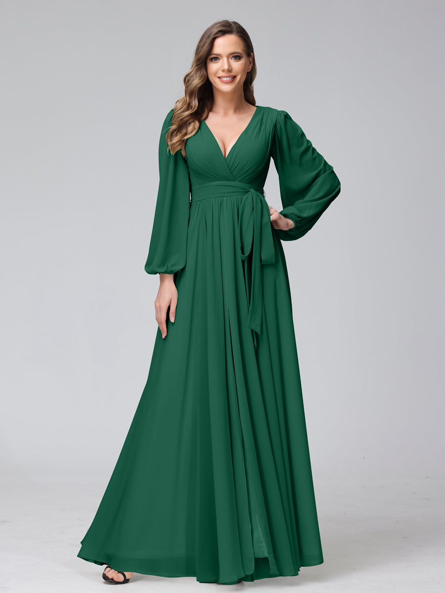 A-Line V-Neck Long Sleeves Chiffon Long Bridesmaid Dresses With Ruffles Split Side Dark Green