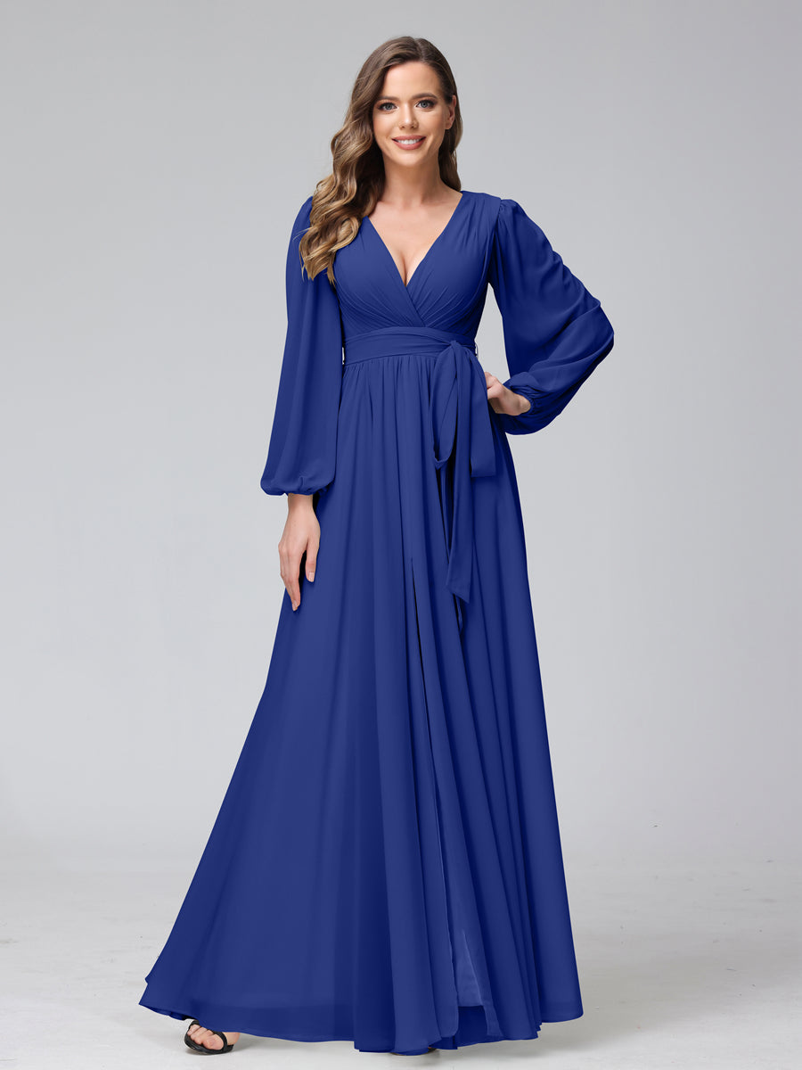 A-Line V-Neck Long Sleeves Chiffon Long Bridesmaid Dresses With Ruffles Split Side Dark Royal Blue