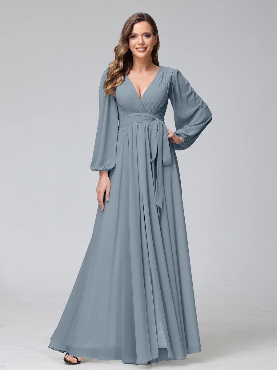 A-Line V-Neck Long Sleeves Chiffon Long Bridesmaid Dresses With Ruffles Split Side Dusty Blue