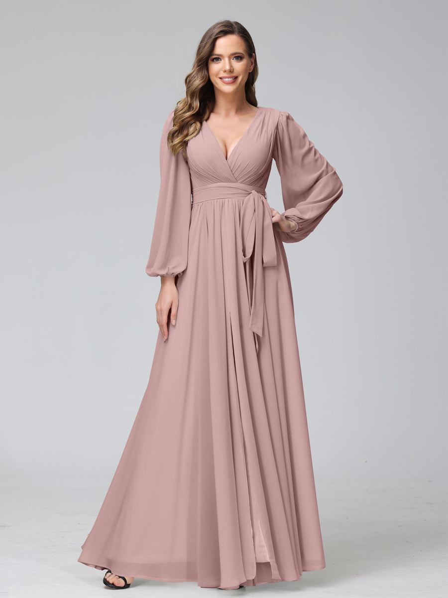 A-Line V-Neck Long Sleeves Chiffon Long Bridesmaid Dresses With Ruffles Split Side Dusty Pink