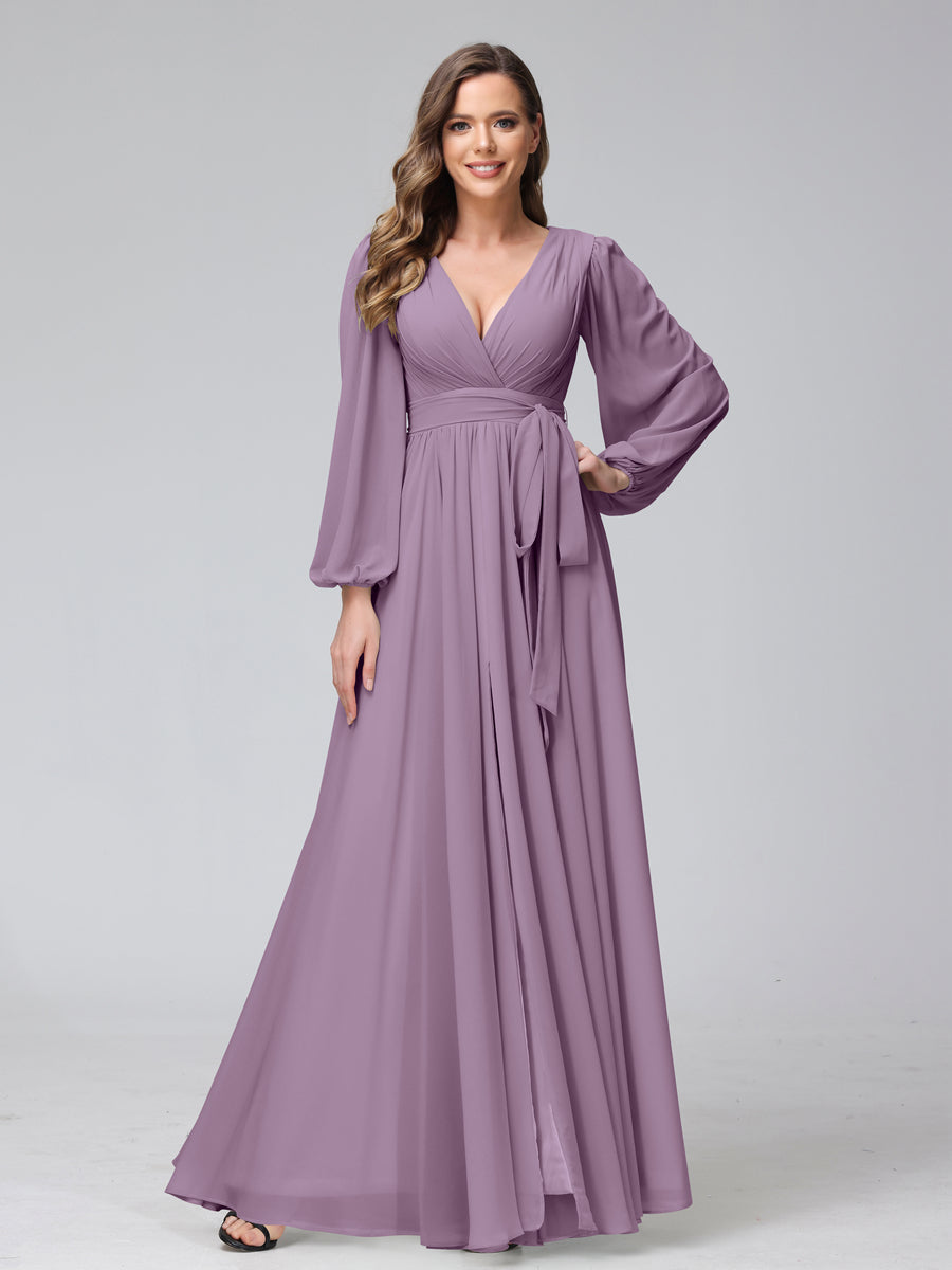A-Line V-Neck Long Sleeves Chiffon Long Bridesmaid Dresses With Ruffles Split Side Dusty Purple