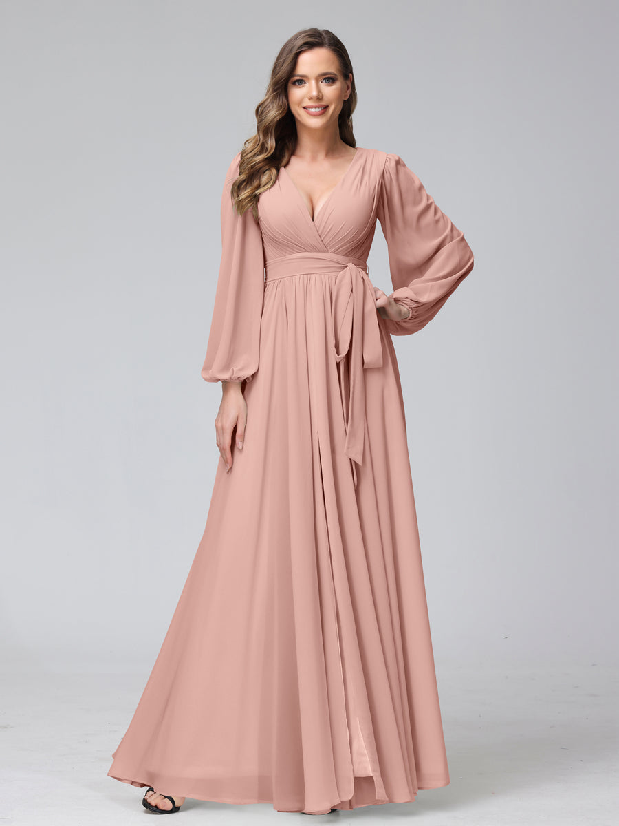 A-Line V-Neck Long Sleeves Chiffon Long Bridesmaid Dresses With Ruffles Split Side Dusty Rose