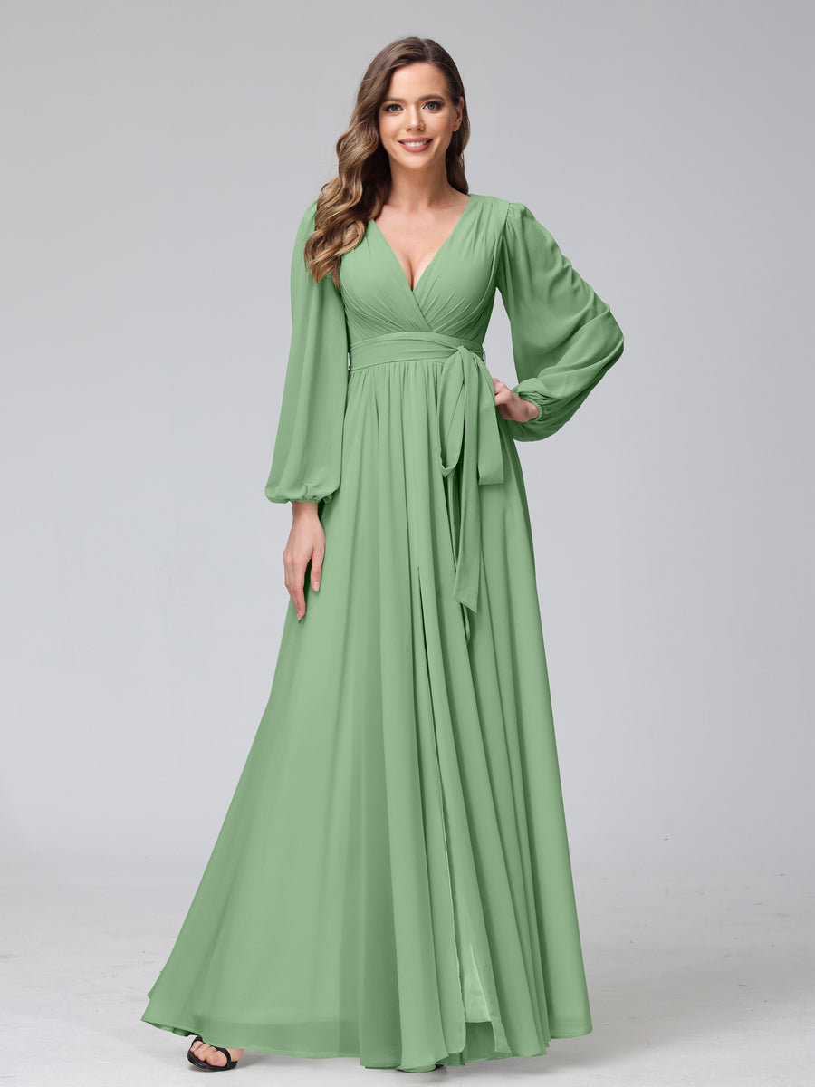 A-Line V-Neck Long Sleeves Chiffon Long Bridesmaid Dresses With Ruffles Split Side Dusty Sage