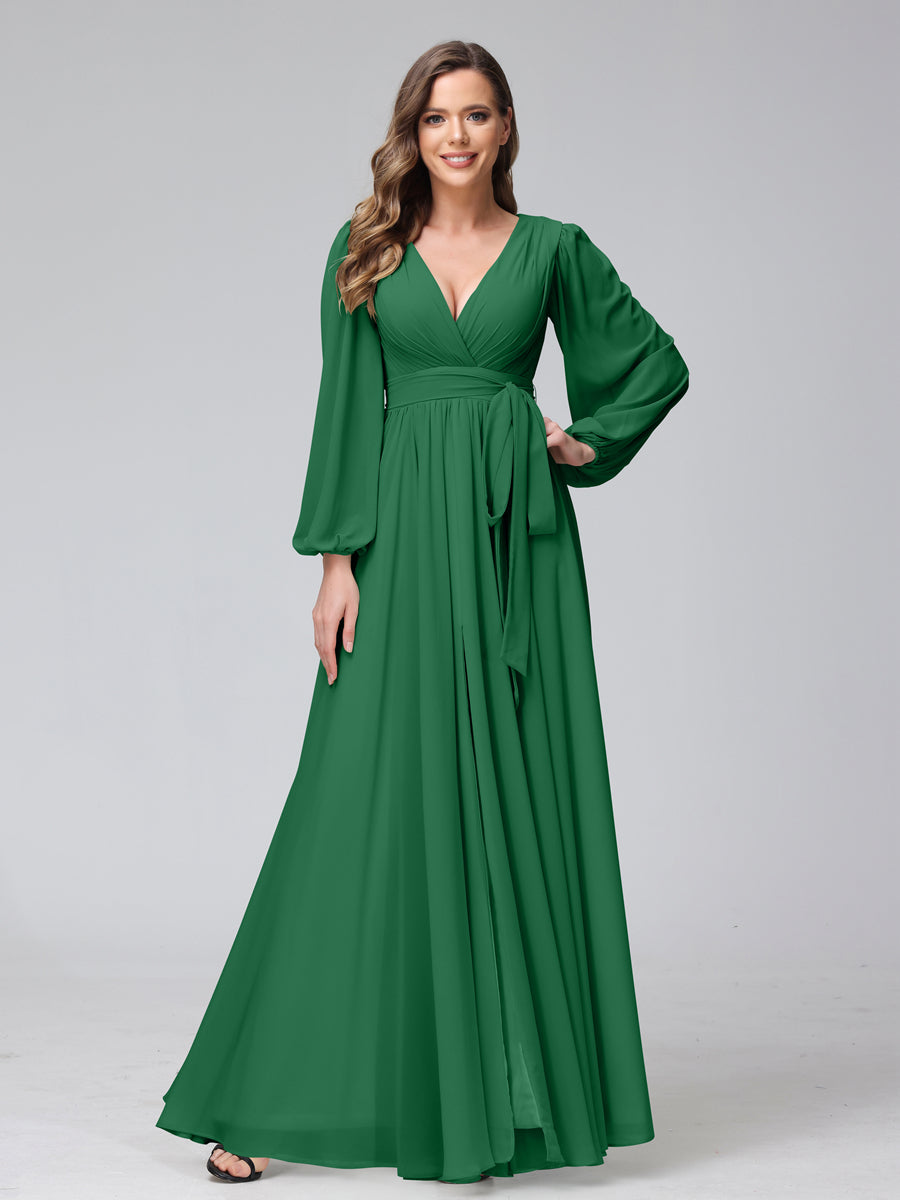 A-Line V-Neck Long Sleeves Chiffon Long Bridesmaid Dresses With Ruffles Split Side Emerald