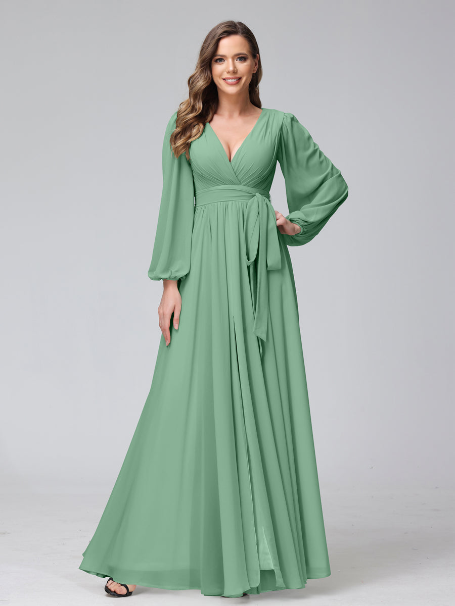 A-Line V-Neck Long Sleeves Chiffon Long Bridesmaid Dresses With Ruffles Split Side Eucalyptus