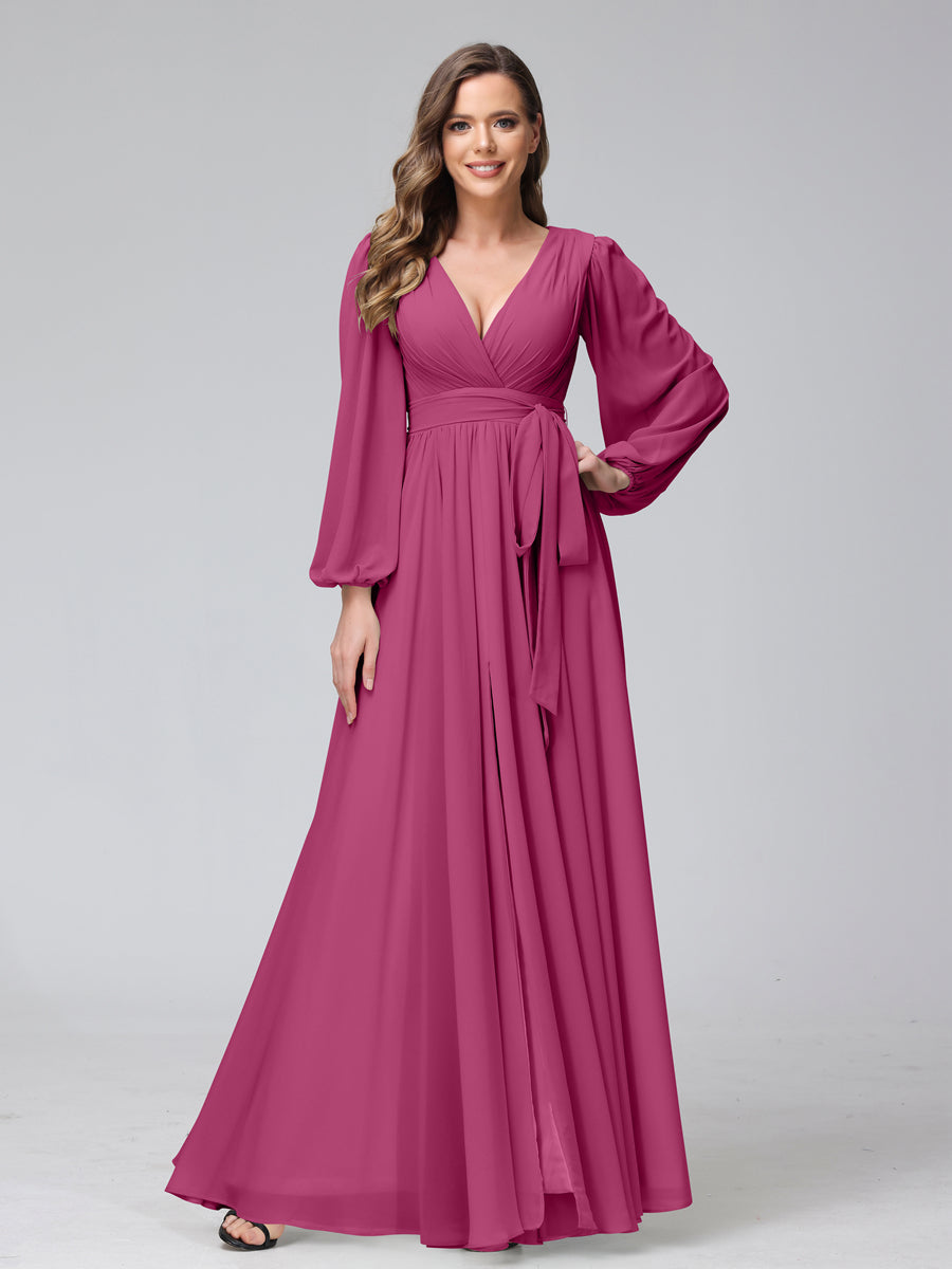 A-Line V-Neck Long Sleeves Chiffon Long Bridesmaid Dresses With Ruffles Split Side Fuchsia