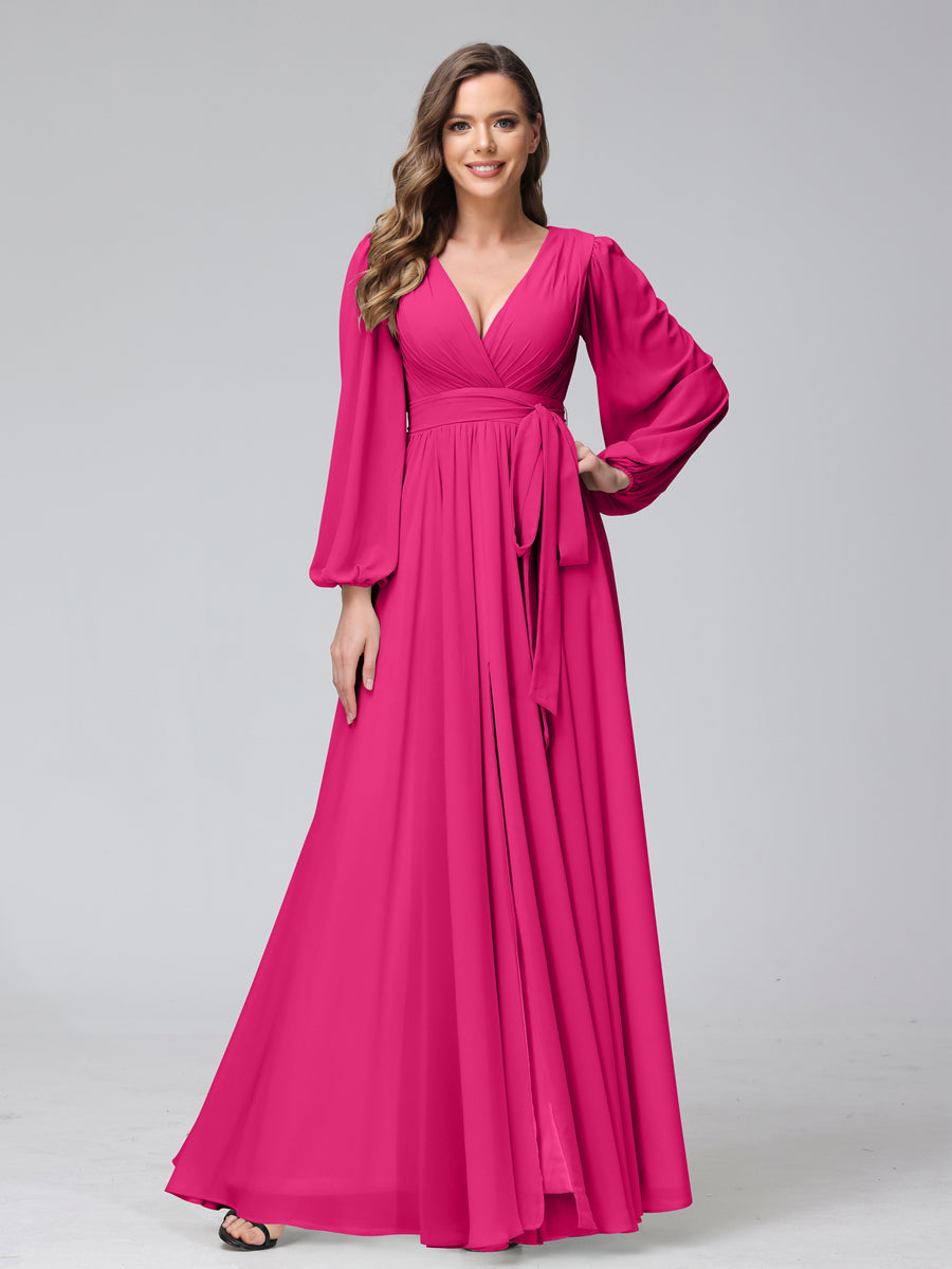 A-Line V-Neck Long Sleeves Chiffon Long Bridesmaid Dresses With Ruffles Split Side Fuchsia Pink