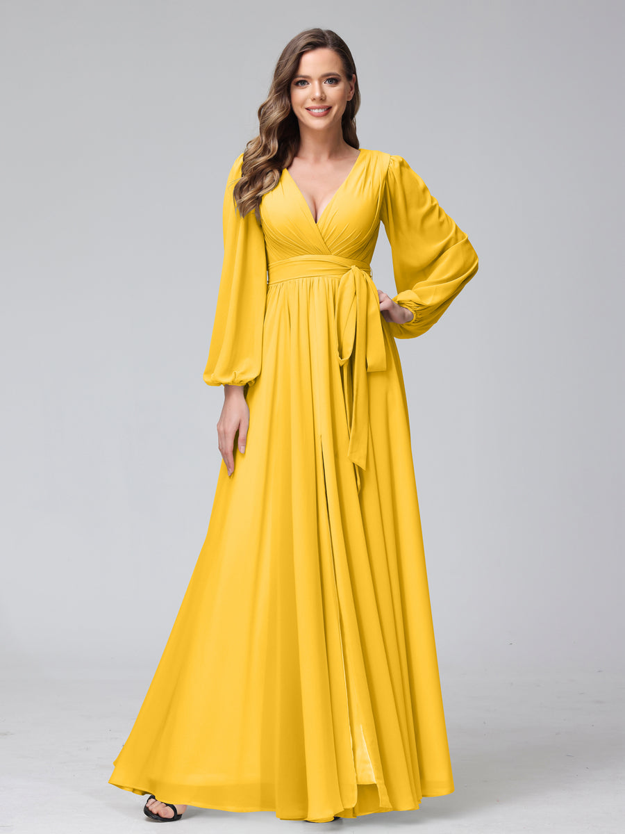 A-Line V-Neck Long Sleeves Chiffon Long Bridesmaid Dresses With Ruffles Split Side Gold