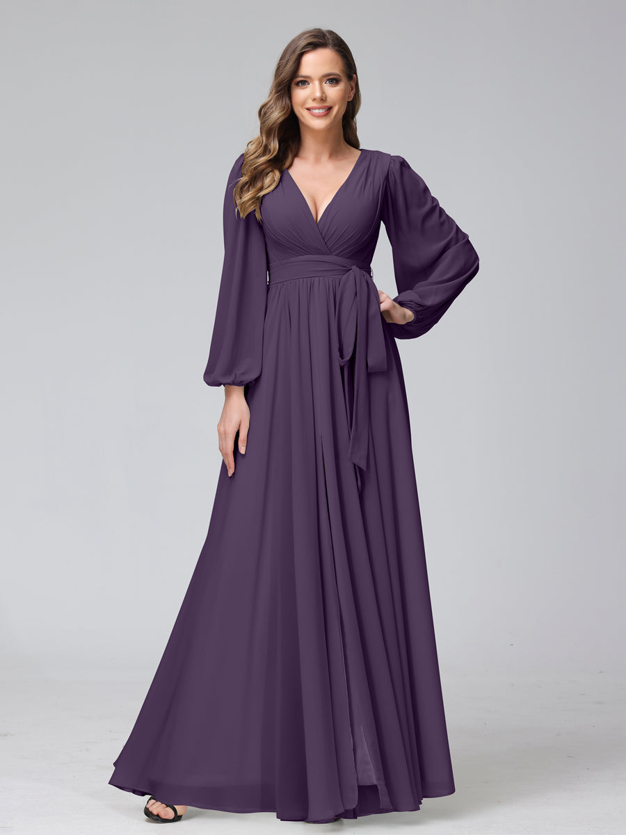 A-Line V-Neck Long Sleeves Chiffon Long Bridesmaid Dresses With Ruffles Split Side Grape