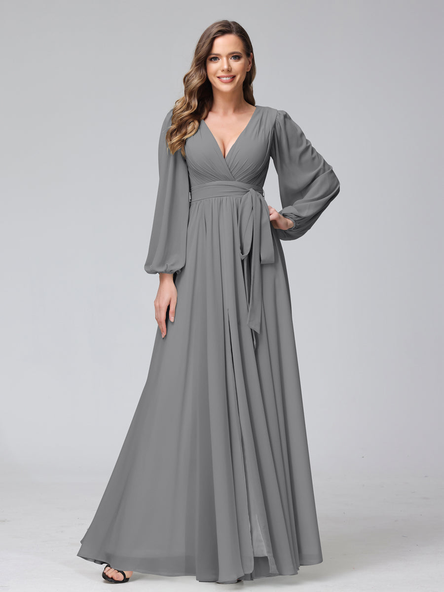 A-Line V-Neck Long Sleeves Chiffon Long Bridesmaid Dresses With Ruffles Split Side Gray