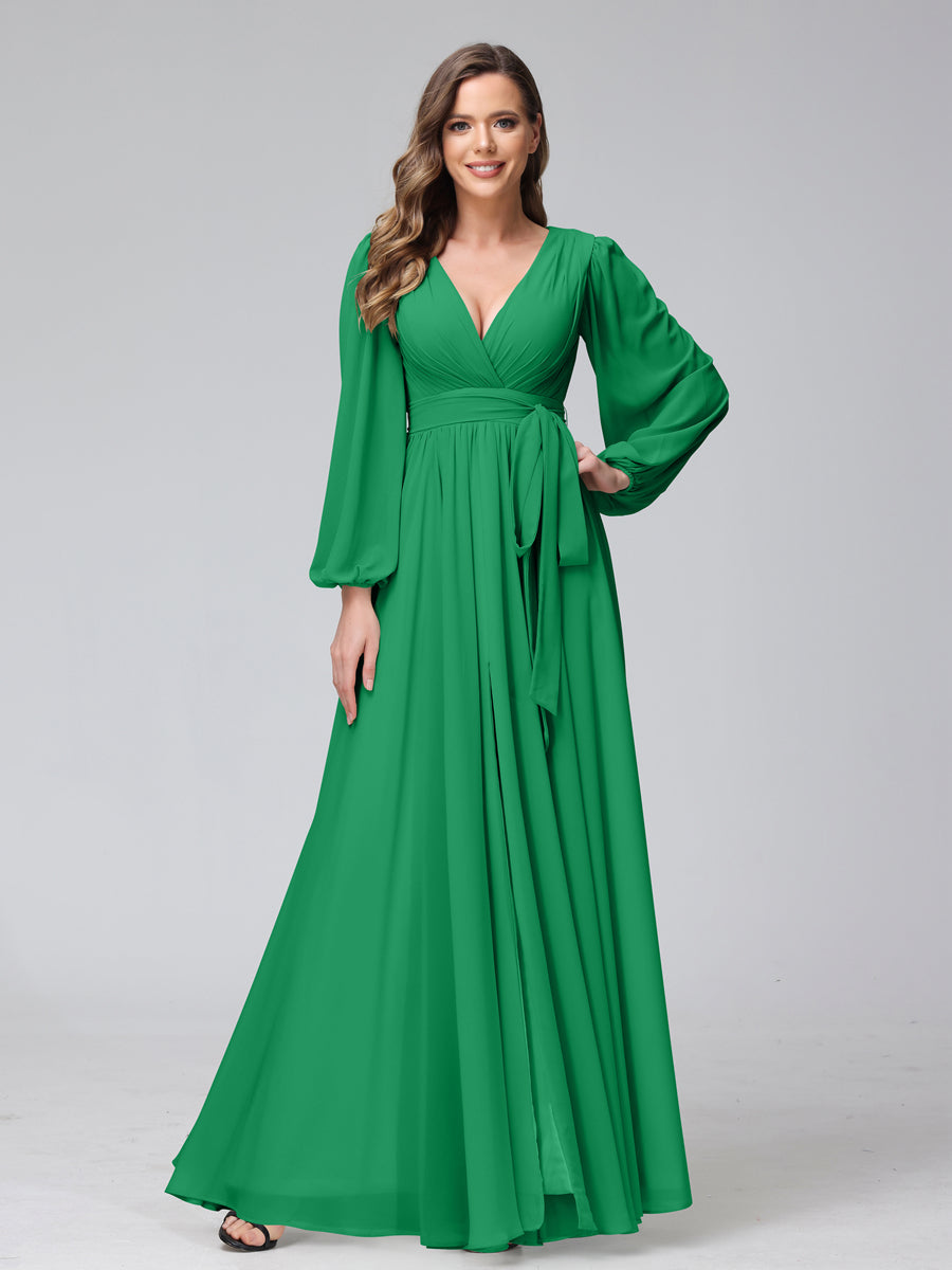 A-Line V-Neck Long Sleeves Chiffon Long Bridesmaid Dresses With Ruffles Split Side Green