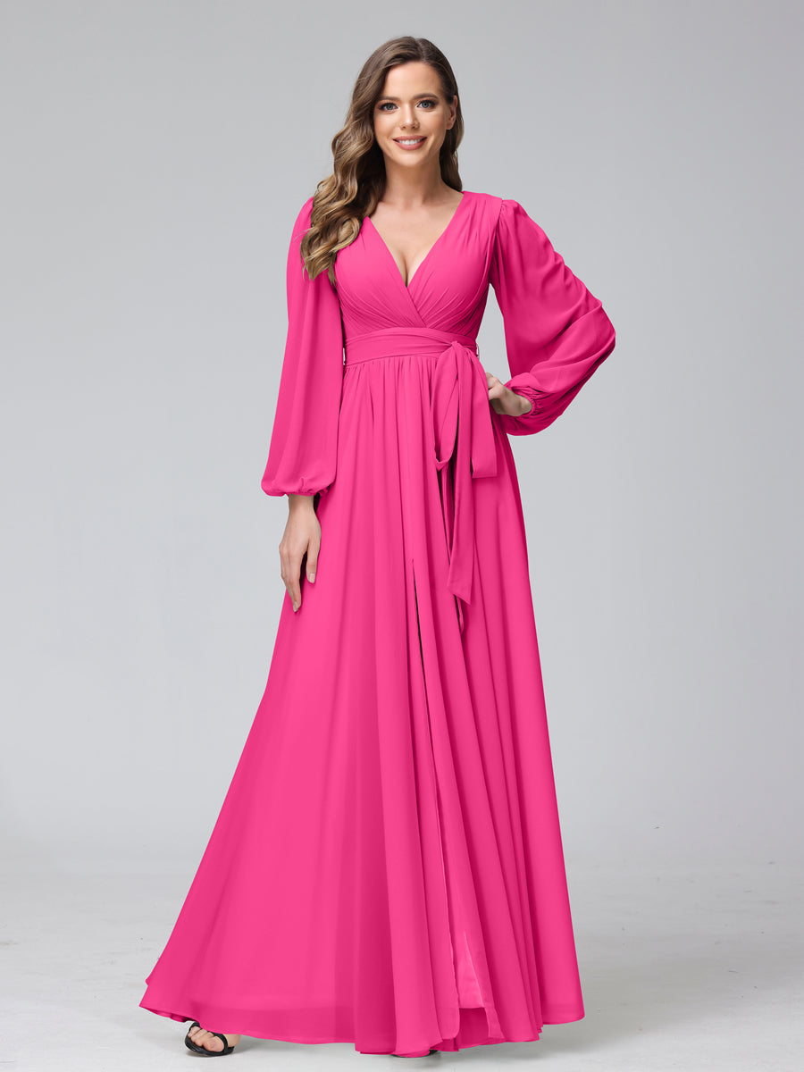 A-Line V-Neck Long Sleeves Chiffon Long Bridesmaid Dresses With Ruffles Split Side Hot Pink
