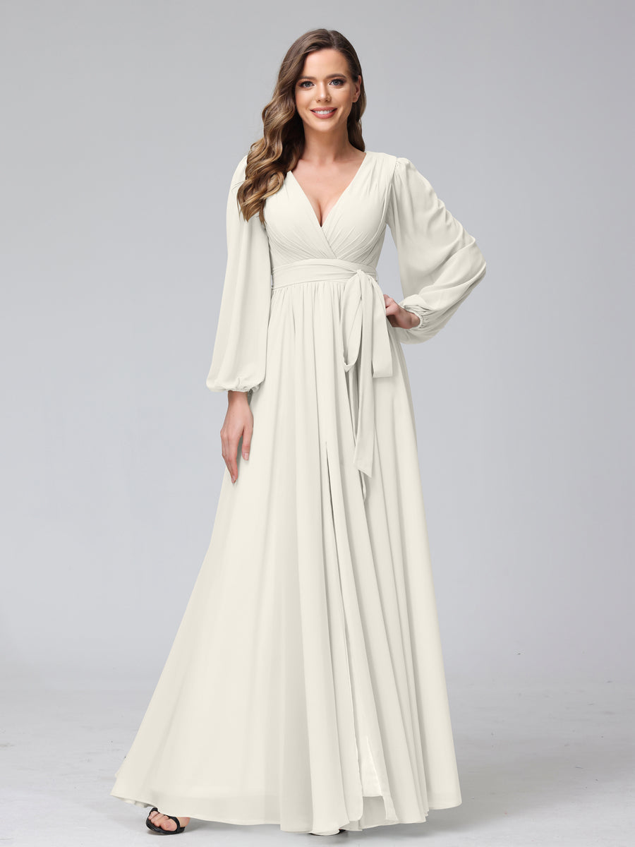 A-Line V-Neck Long Sleeves Chiffon Long Bridesmaid Dresses With Ruffles Split Side Ivory