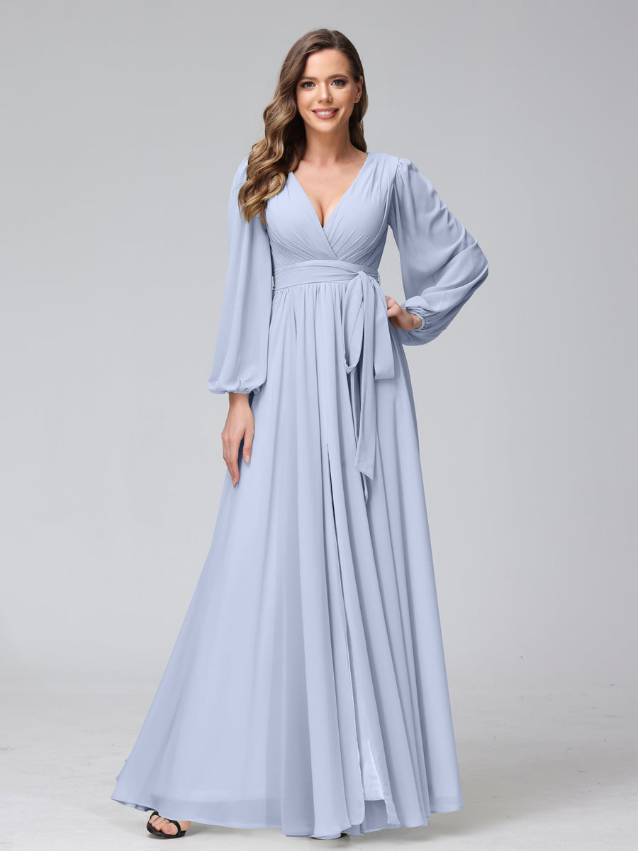 A-Line V-Neck Long Sleeves Chiffon Long Bridesmaid Dresses With Ruffles Split Side Lavender