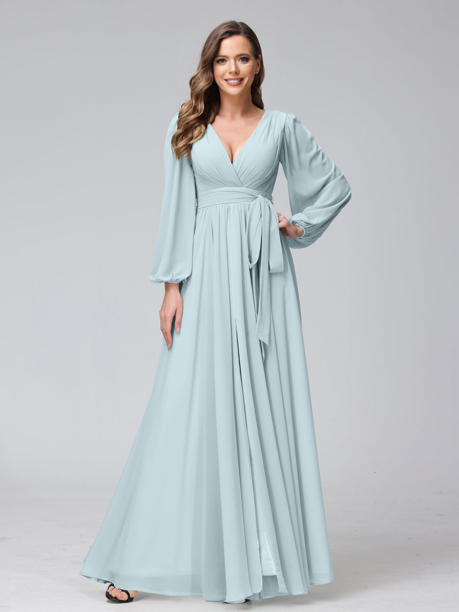 A-Line V-Neck Long Sleeves Chiffon Long Bridesmaid Dresses With Ruffles Split Side Light Blue