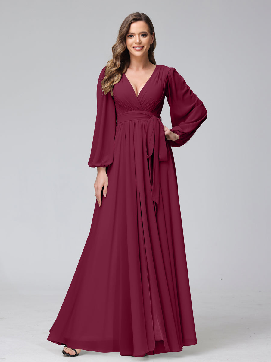 A-Line V-Neck Long Sleeves Chiffon Long Bridesmaid Dresses With Ruffles Split Side Light Burgundy