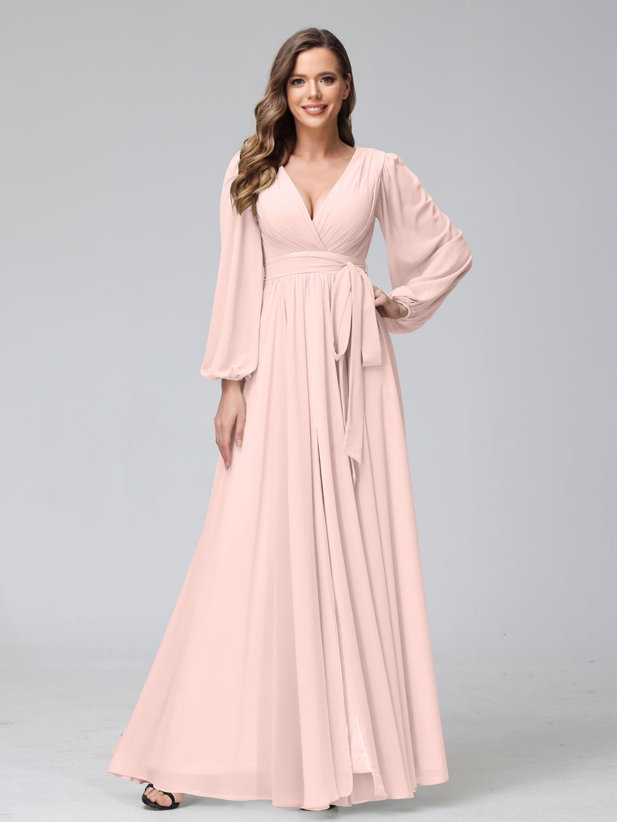 A-Line V-Neck Long Sleeves Chiffon Long Bridesmaid Dresses With Ruffles Split Side Light Pink