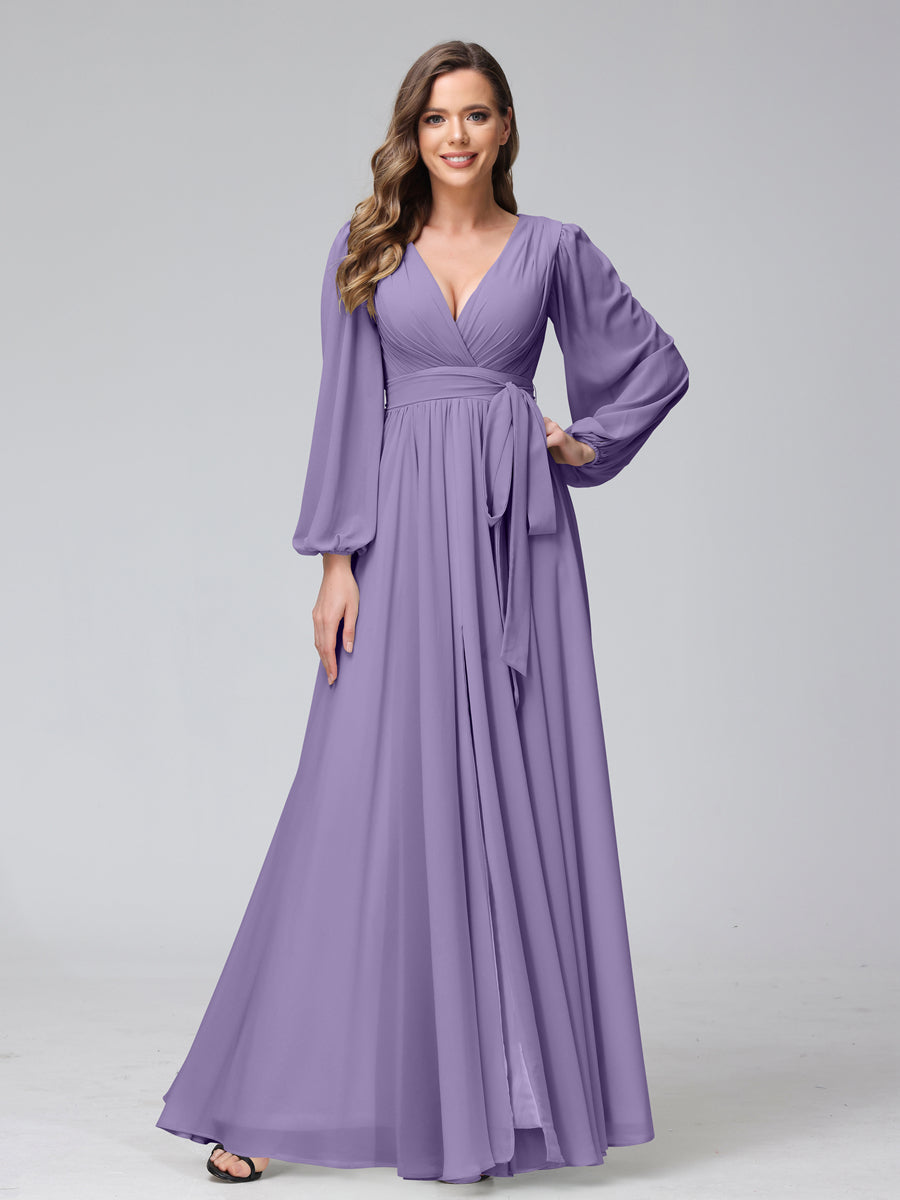 A-Line V-Neck Long Sleeves Chiffon Long Bridesmaid Dresses With Ruffles Split Side Light Purple