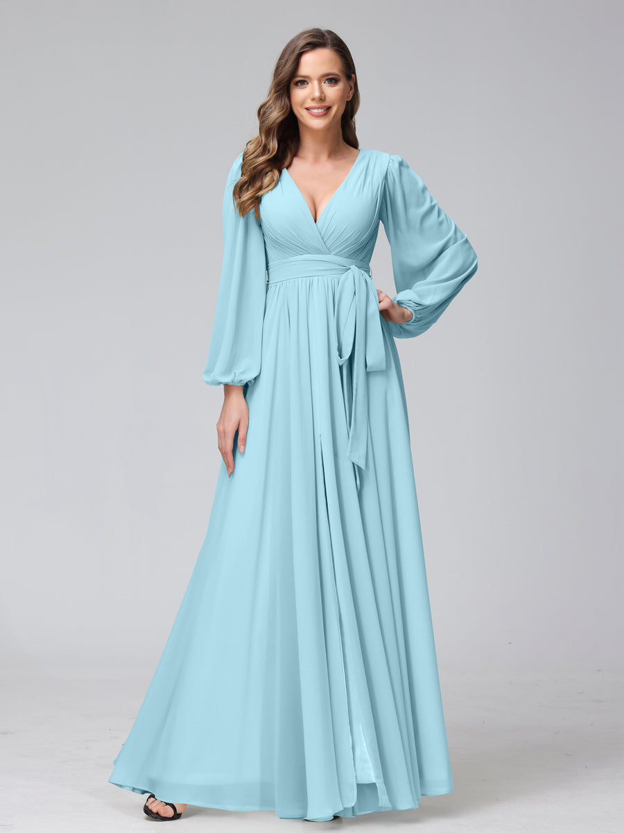 A-Line V-Neck Long Sleeves Chiffon Long Bridesmaid Dresses With Ruffles Split Side Light Sky Blue