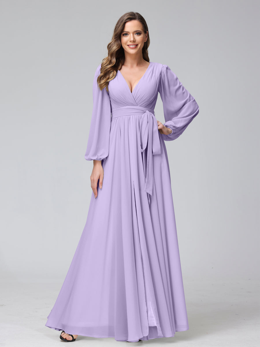 A-Line V-Neck Long Sleeves Chiffon Long Bridesmaid Dresses With Ruffles Split Side Lilac