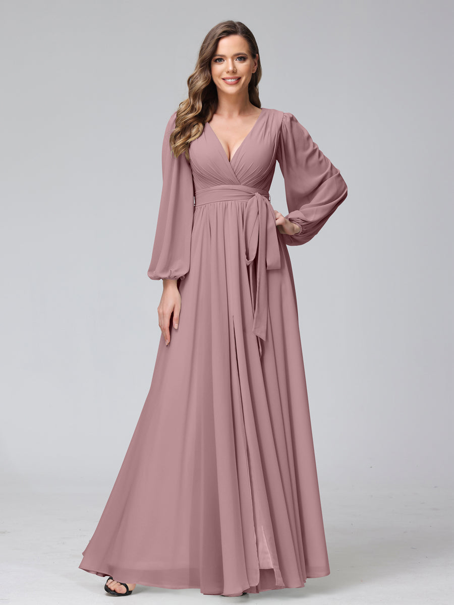 A-Line V-Neck Long Sleeves Chiffon Long Bridesmaid Dresses With Ruffles Split Side Mauve