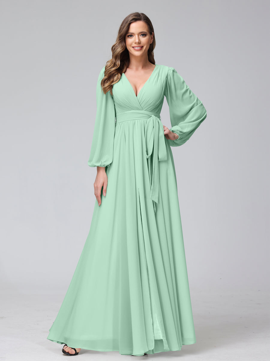 A-Line V-Neck Long Sleeves Chiffon Long Bridesmaid Dresses With Ruffles Split Side Mint Green