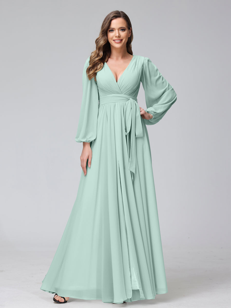 A-Line V-Neck Long Sleeves Chiffon Long Bridesmaid Dresses With Ruffles Split Side Mist Blue