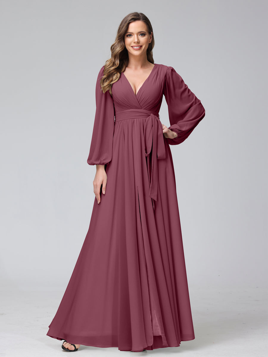 A-Line V-Neck Long Sleeves Chiffon Long Bridesmaid Dresses With Ruffles Split Side Mulberry