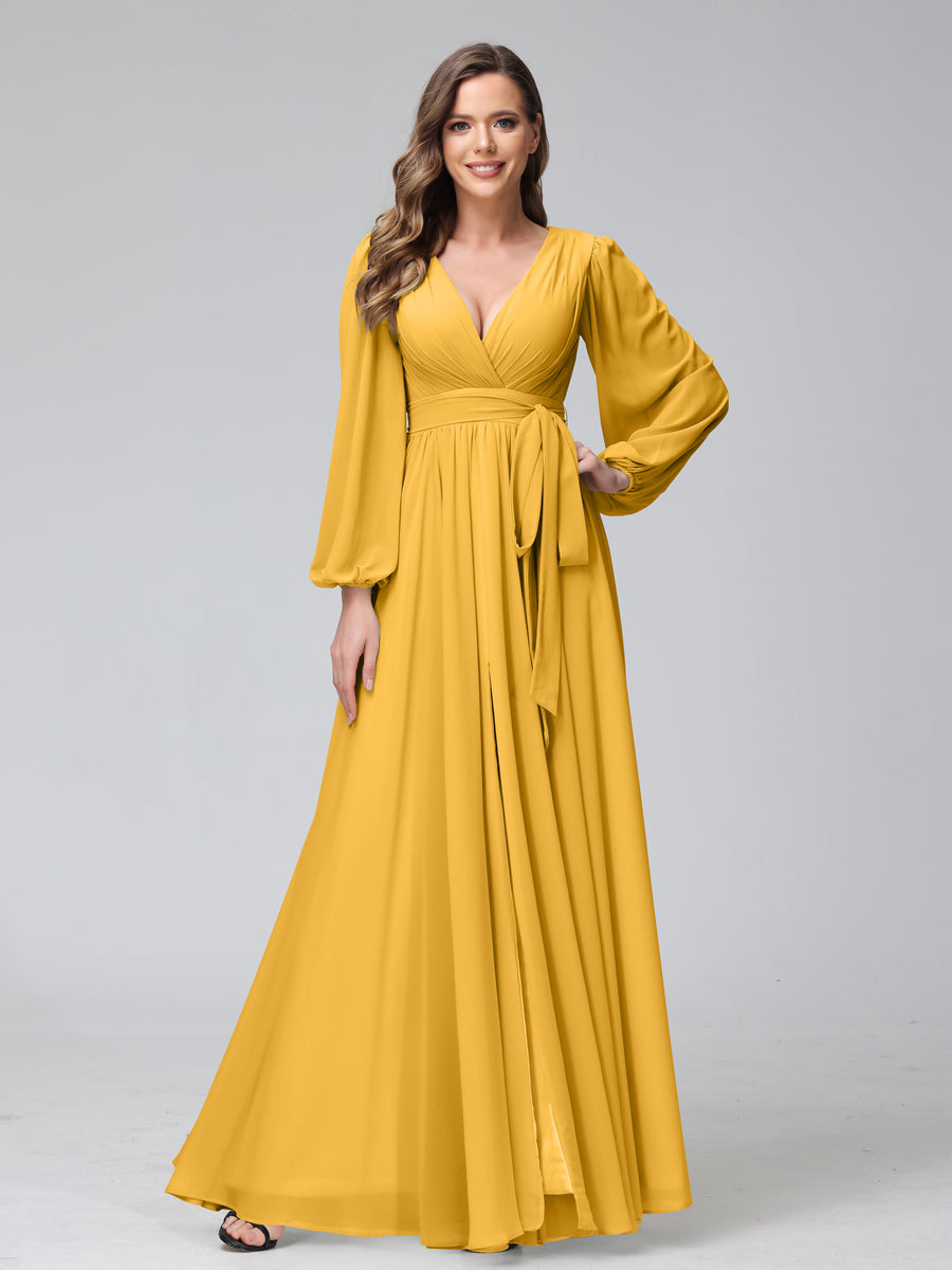 A-Line V-Neck Long Sleeves Chiffon Long Bridesmaid Dresses With Ruffles Split Side Mustard Yellow