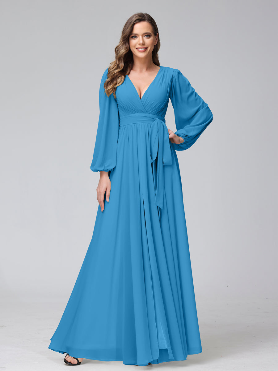 A-Line V-Neck Long Sleeves Chiffon Long Bridesmaid Dresses With Ruffles Split Side Ocean Blue