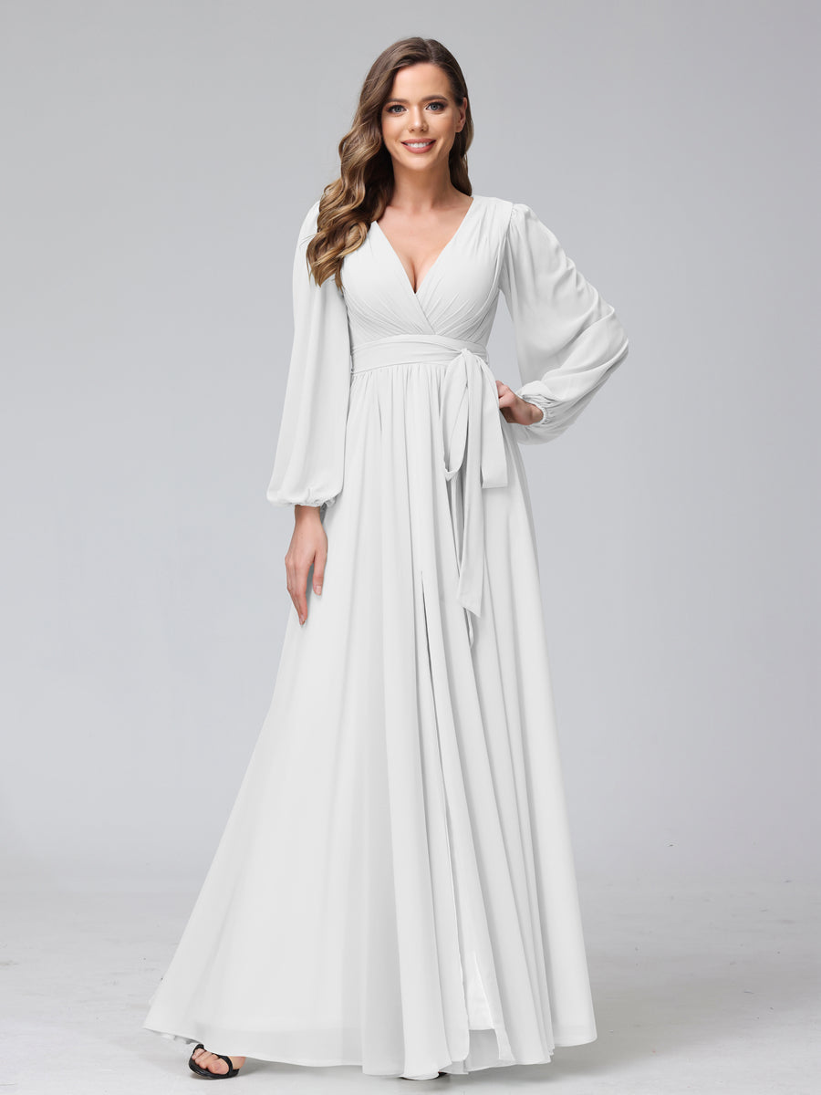 A-Line V-Neck Long Sleeves Chiffon Long Bridesmaid Dresses With Ruffles Split Side Off White