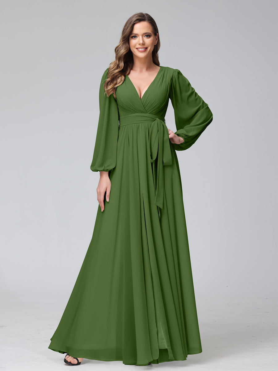 A-Line V-Neck Long Sleeves Chiffon Long Bridesmaid Dresses With Ruffles Split Side Olive Green