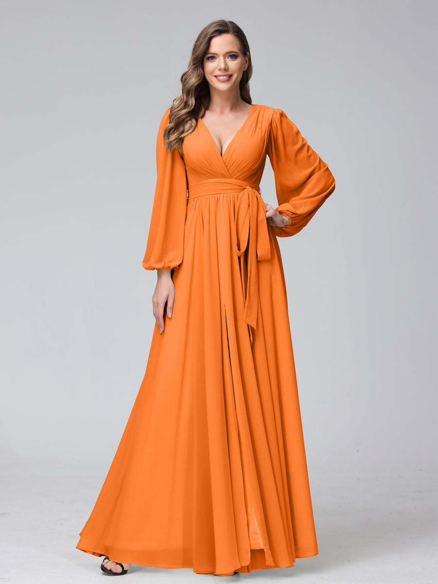 A-Line V-Neck Long Sleeves Chiffon Long Bridesmaid Dresses With Ruffles Split Side Orange