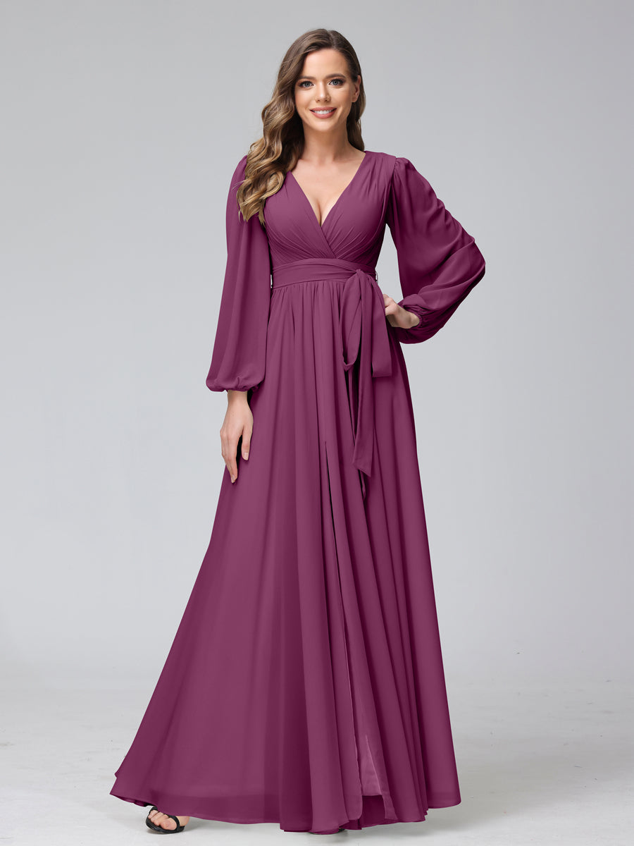 A-Line V-Neck Long Sleeves Chiffon Long Bridesmaid Dresses With Ruffles Split Side Orchid