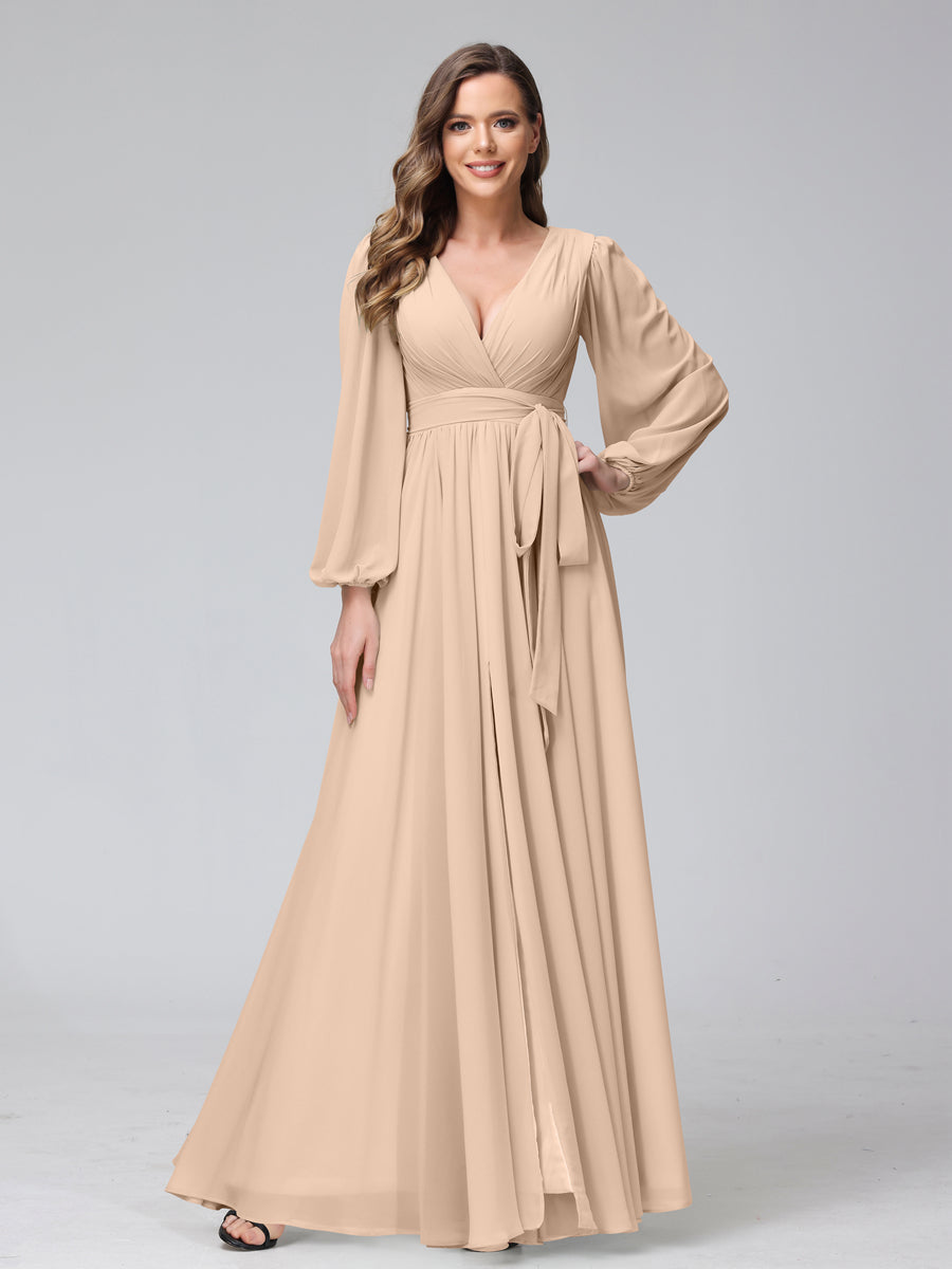 A-Line V-Neck Long Sleeves Chiffon Long Bridesmaid Dresses With Ruffles Split Side Peach Pink