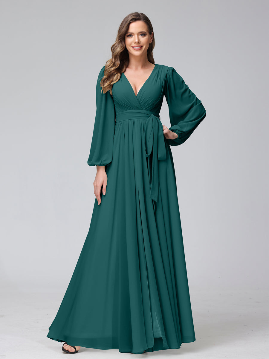 A-Line V-Neck Long Sleeves Chiffon Long Bridesmaid Dresses With Ruffles Split Side Peacock