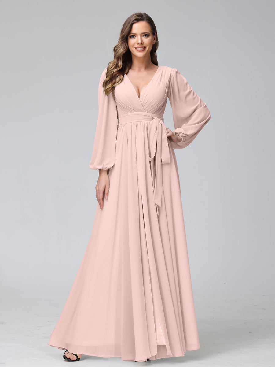 A-Line V-Neck Long Sleeves Chiffon Long Bridesmaid Dresses With Ruffles Split Side Pearl Pink