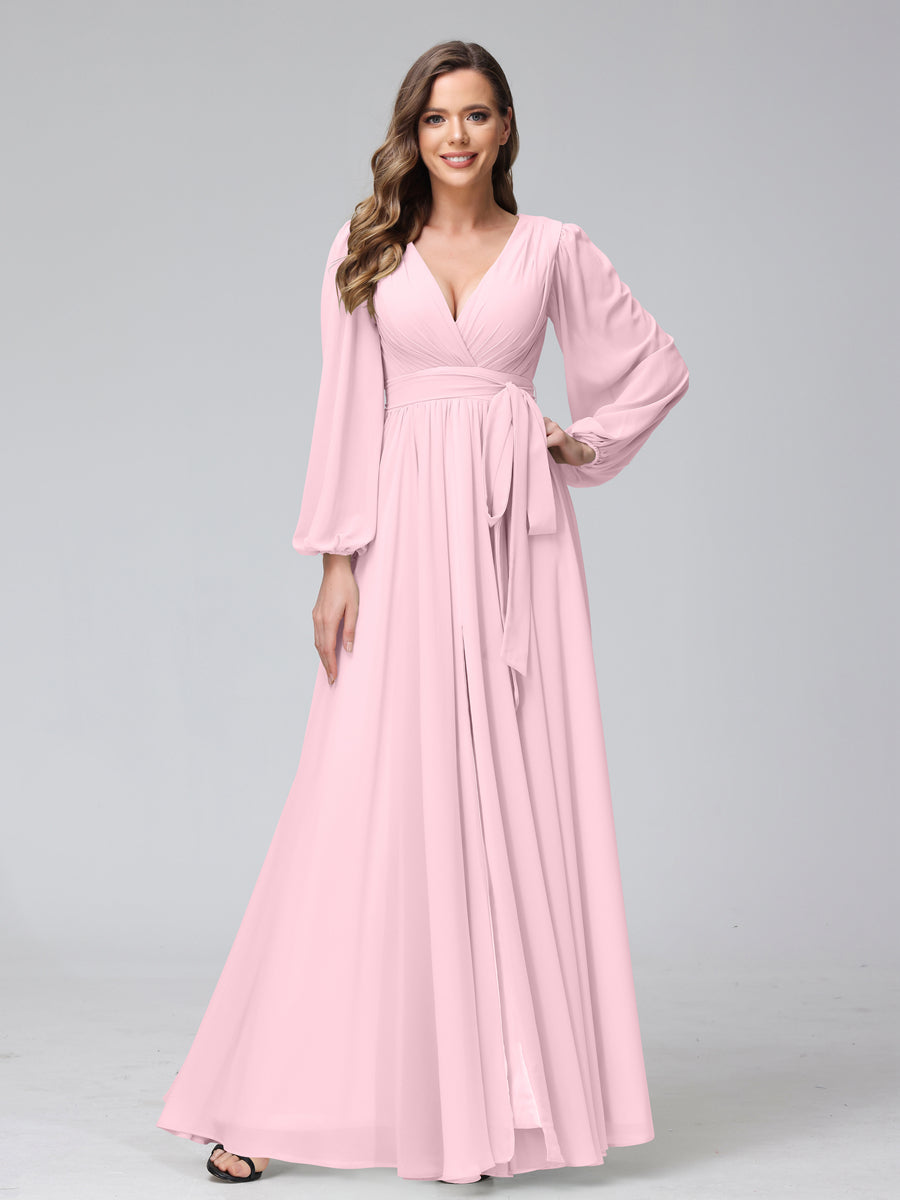 A-Line V-Neck Long Sleeves Chiffon Long Bridesmaid Dresses With Ruffles Split Side Pink