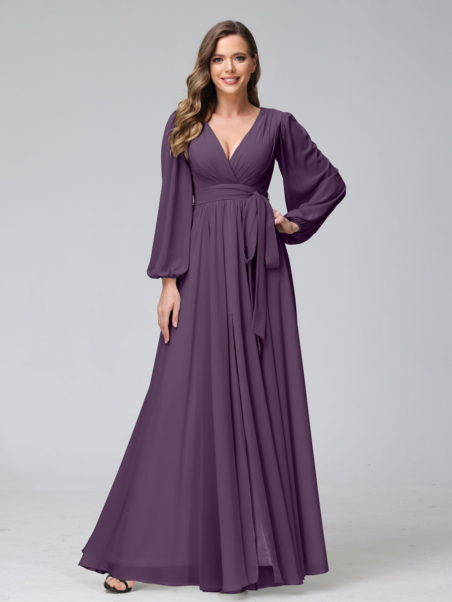 A-Line V-Neck Long Sleeves Chiffon Long Bridesmaid Dresses With Ruffles Split Side Plum