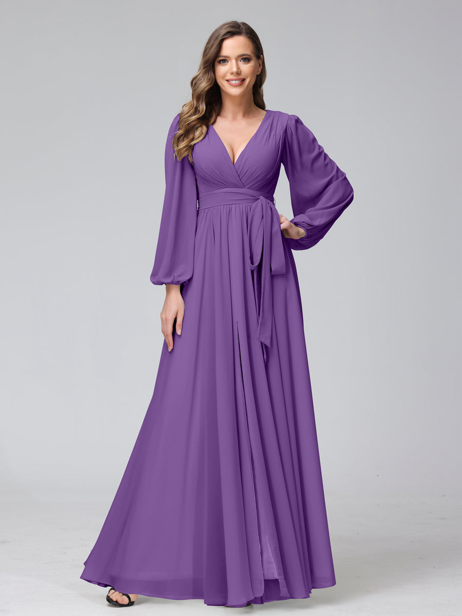 A-Line V-Neck Long Sleeves Chiffon Long Bridesmaid Dresses With Ruffles Split Side Purple