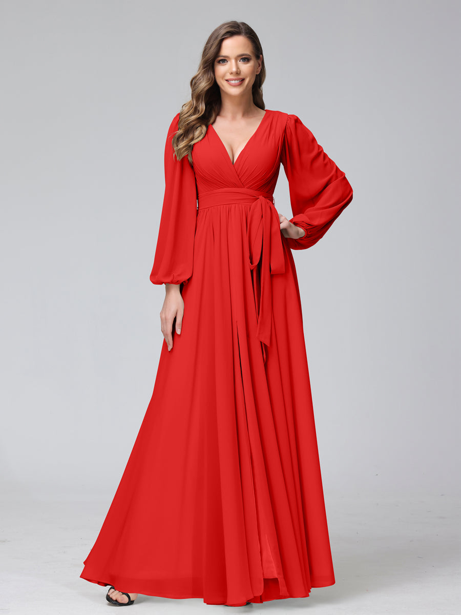 A-Line V-Neck Long Sleeves Chiffon Long Bridesmaid Dresses With Ruffles Split Side Red