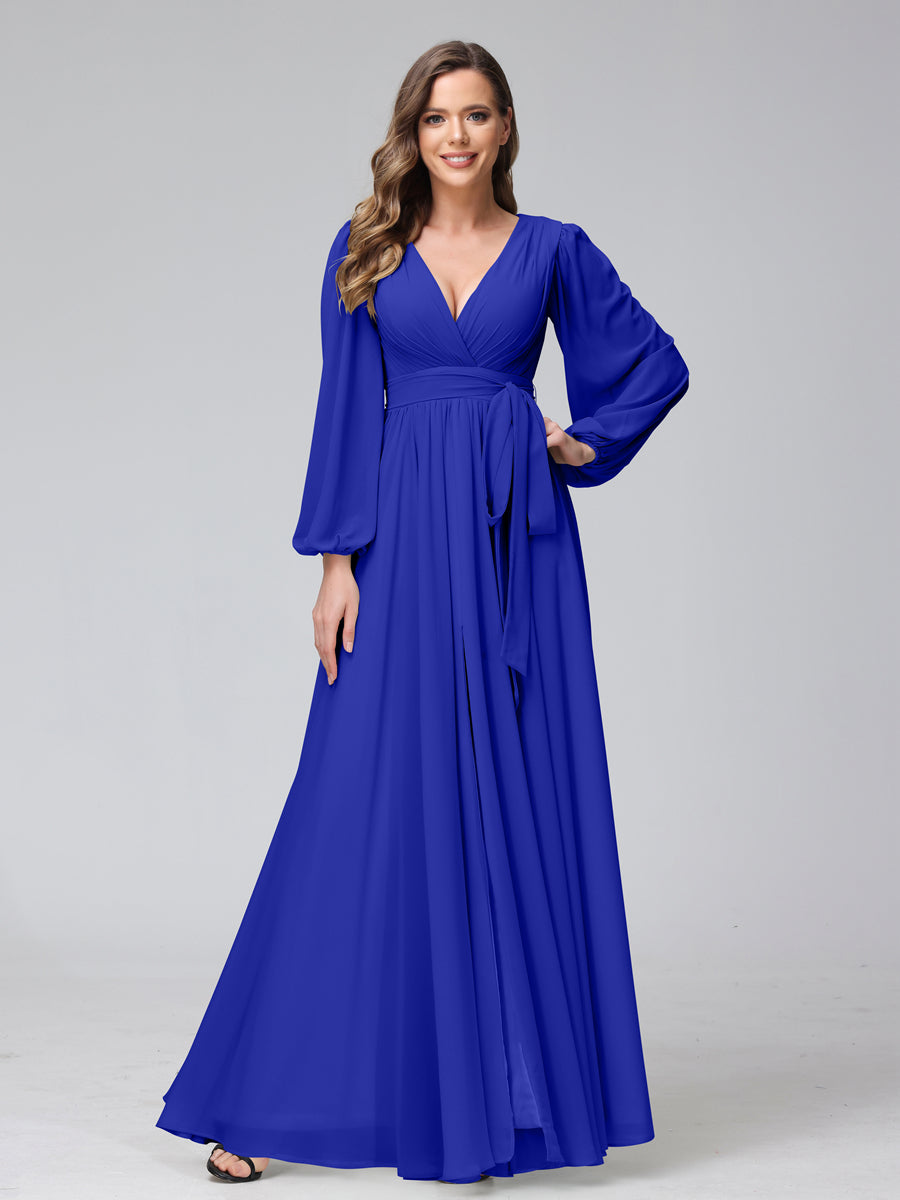A-Line V-Neck Long Sleeves Chiffon Long Bridesmaid Dresses With Ruffles Split Side Royal Blue