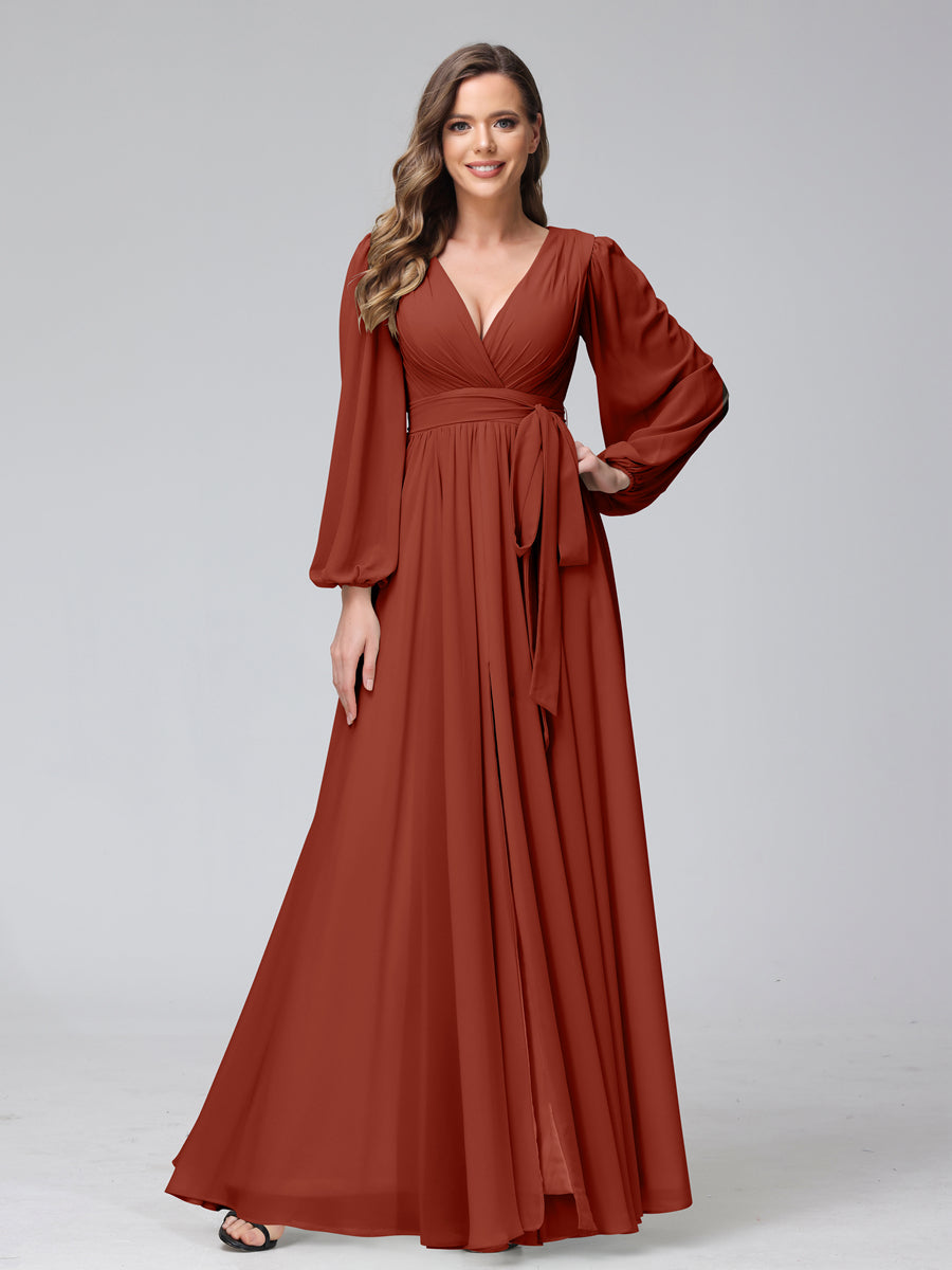 A-Line V-Neck Long Sleeves Chiffon Long Bridesmaid Dresses With Ruffles Split Side Rust