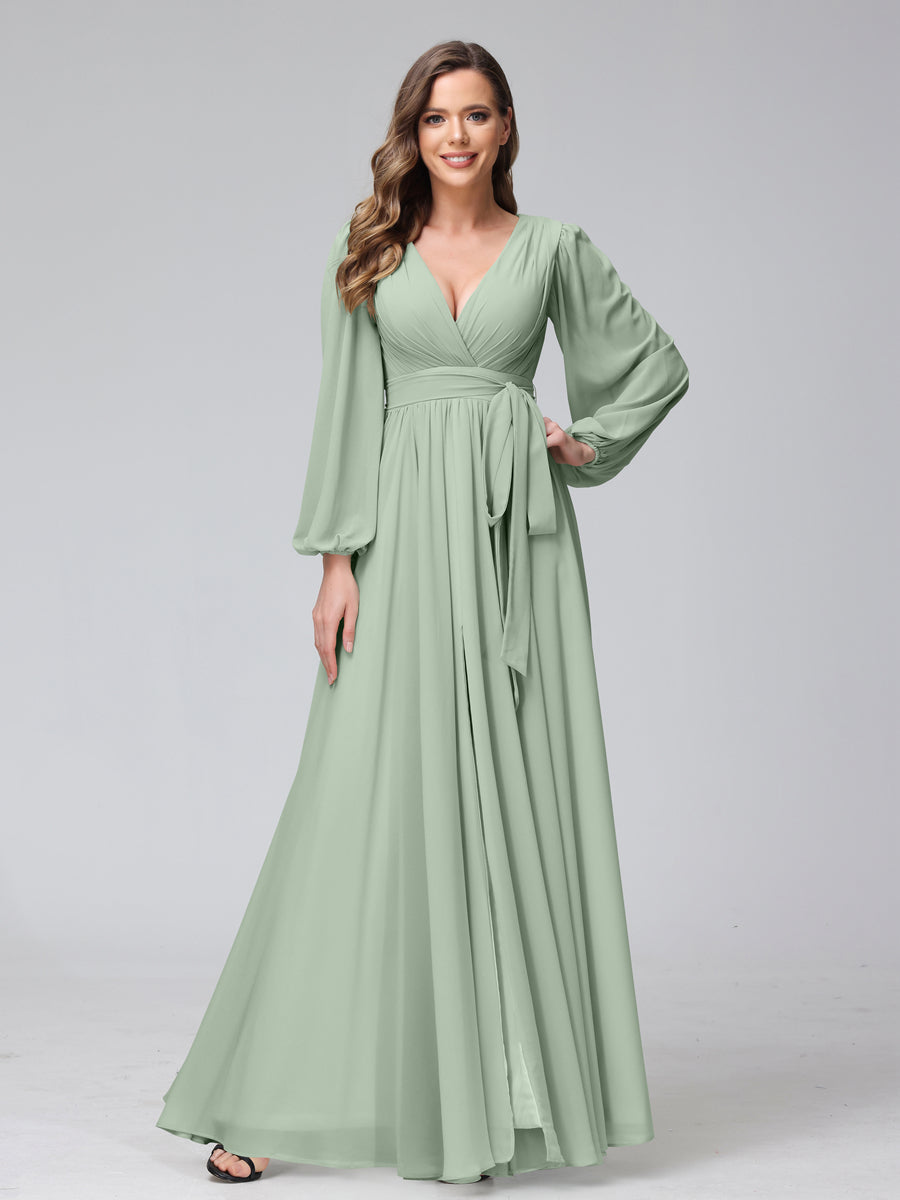 A-Line V-Neck Long Sleeves Chiffon Long Bridesmaid Dresses With Ruffles Split Side Sage
