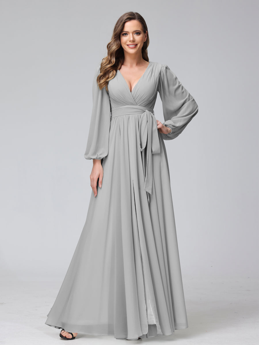 A-Line V-Neck Long Sleeves Chiffon Long Bridesmaid Dresses With Ruffles Split Side Silver