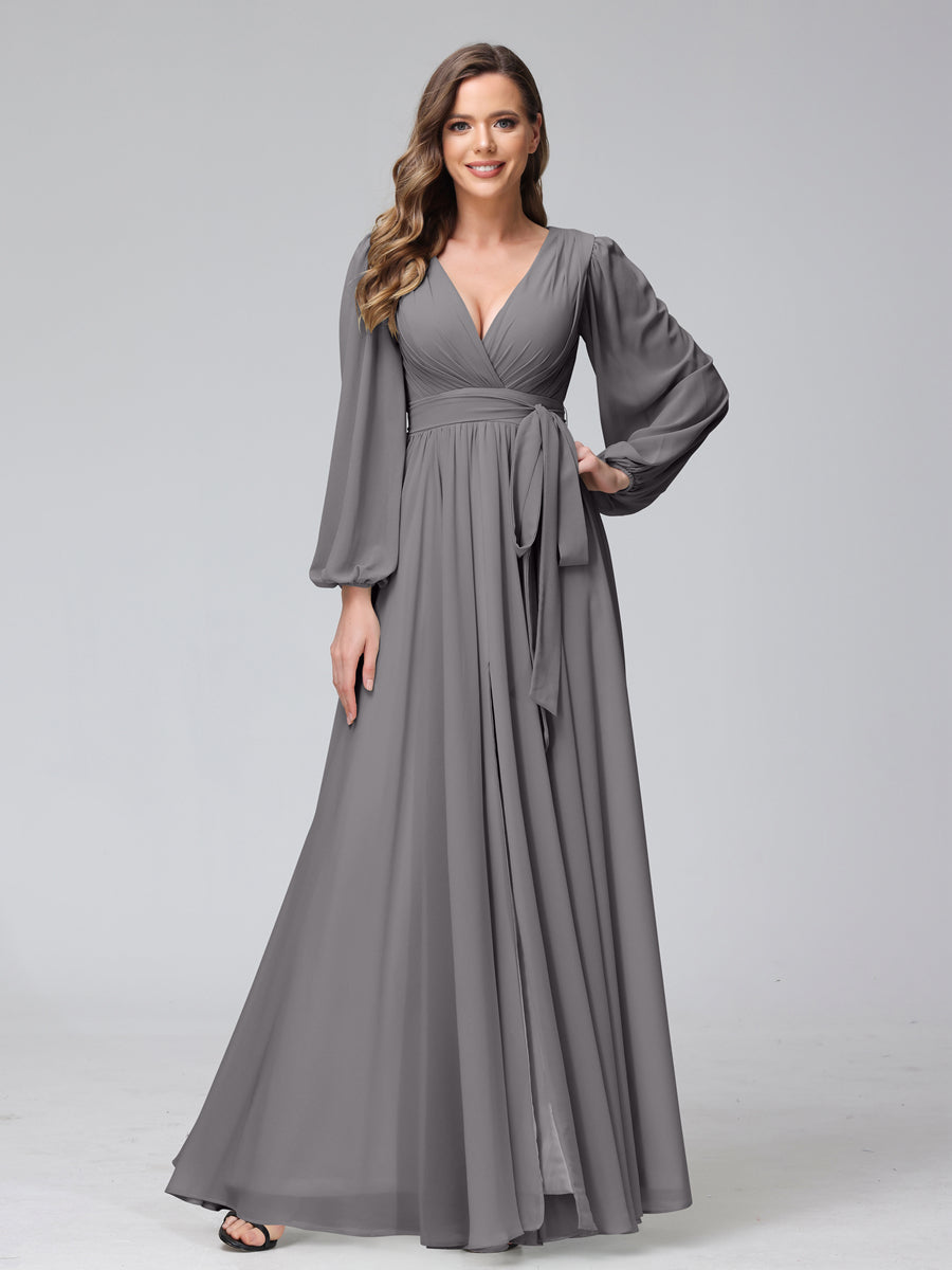 A-Line V-Neck Long Sleeves Chiffon Long Bridesmaid Dresses With Ruffles Split Side Silver Gray